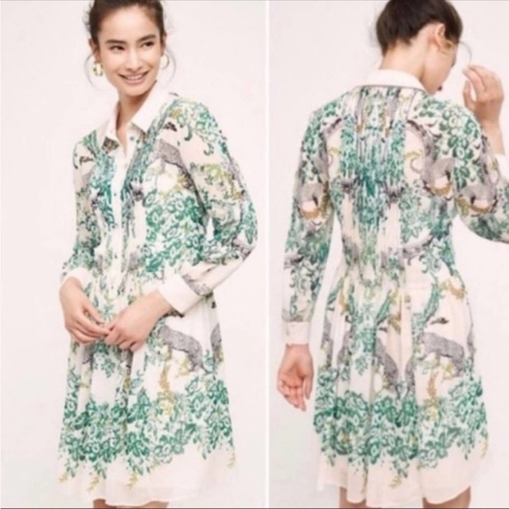 Anthropologie White Dress with Green Botanical & Black Leopard Print - Picture 2 of 9